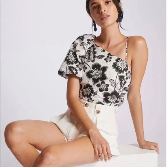 Anthropologie Tops - Anthropologie Maeve Black White Floral Eyelet One Shoulder Bow Back Blouse - 20W